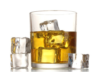 glass of whiskey and ice isolated on white