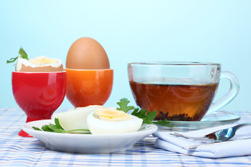 delicious breakfast of boiled eggs and tea