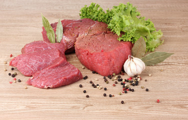 raw meat, vegetables and spices on gray background