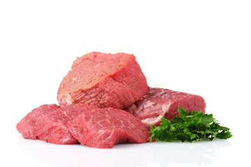 raw meat, vegetables and spices isolated on white