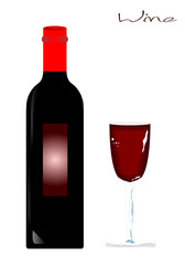 Botella y copa de vino tinto