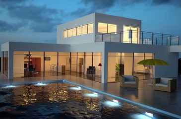 Villa and Pool in the Evening - obrazy, fototapety, plakaty