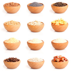 assortment of nuts and grits in the wooden bowl.