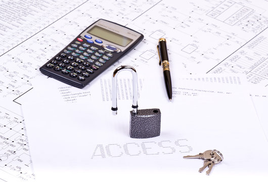 Open padlock, pen, calculator and inscription ACCESS