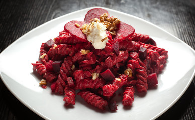 Pasta with Red Beets, Gorgonzola Cheese and Walnuts