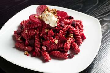 Pasta with Red Beets, Gorgonzola Cheese and Walnuts