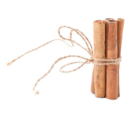 Cinnamon stick standing on white background