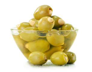 Small dish with pickled olives isolated on white