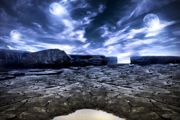 Other planet scenery with three moons