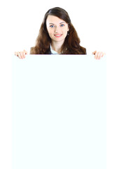 Fototapeta premium Nice business woman with a white banner.