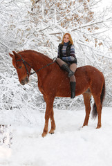 Girl and horse in the winter forest
