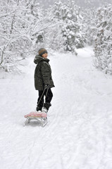 Fototapeta na wymiar boy walking with sleds