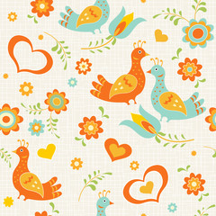 Seamless wallpaper birds, flowers and hearts