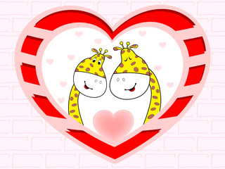 Vector illustration of giraffe couple in love on heart shape bac