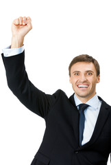 Happy successful gesturing businessman, on white