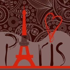 Papier Peint photo Lavable Illustration Paris Amour dans le fond de Paris, mot décoratif de Paris avec la tour Eiffel