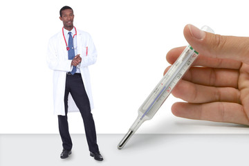 doctor with a hand holding thermometer beside him