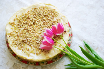 tulips flowers and cake