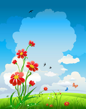 Summer natural background with flowers and blue sky
