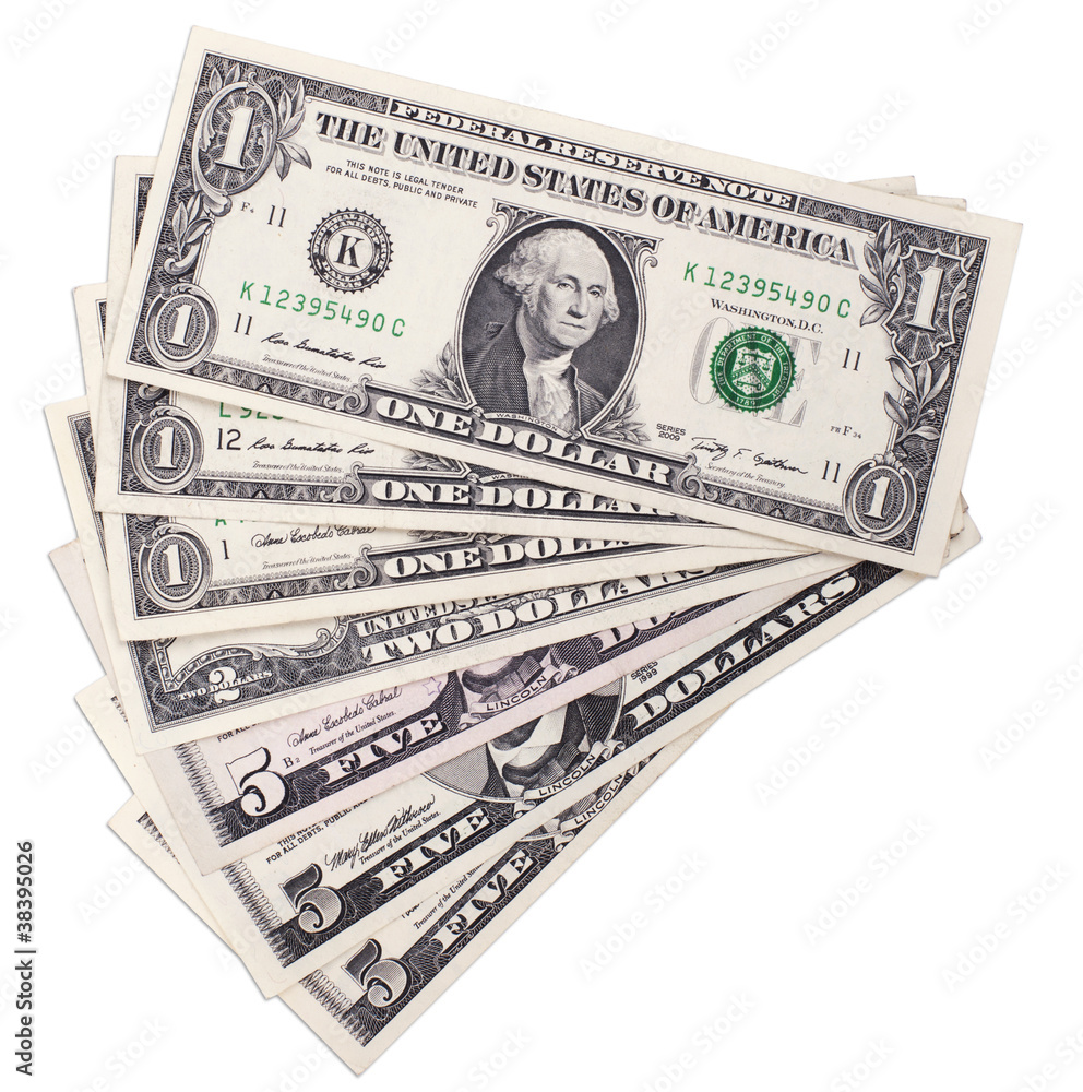 Wall mural small dollar bills isolated on white