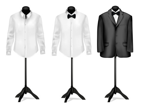 Black suit and shirt with butterfly on mannequins.