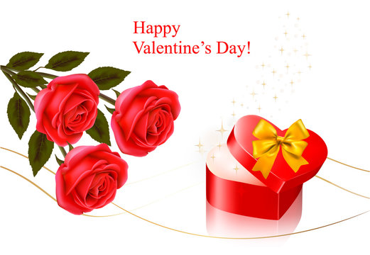Valentine day background. Red roses with gift bow.