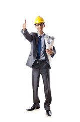 Young architect with drawings isolated on white