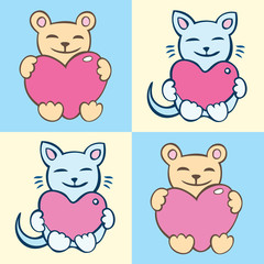 Kitten with heart in hand. Vector illustration.