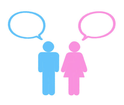 Men and women sign with speech bubbles