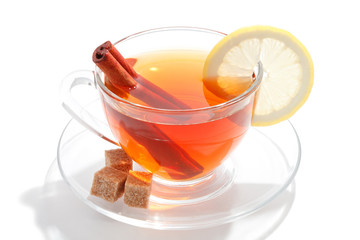 Glass cup of tea with white background