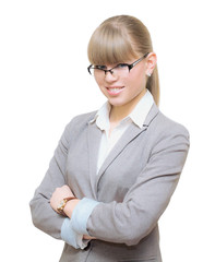 Business woman with hands folded over white background