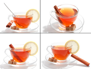 Glass cup of tea with white background set