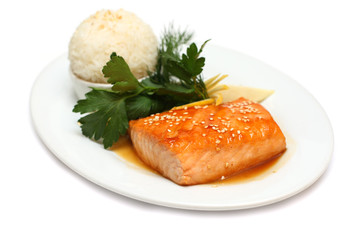 Gourmet food - fish steak on white