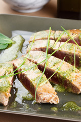 Tuna steak with mint sauce