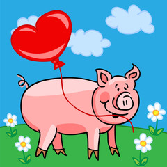 Pig cartoon with heart balloon