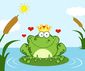 Crowned Frog Prince On A Leaf In Lake