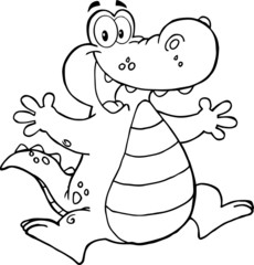 Outlined Happy Alligator Or Crocodile Jumping