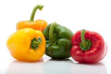 grüne, gelbe, orange und rote Paprika mit Tropfen vor weiss