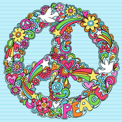 Psychedelic Peace Sign and Dove Vector Doodles