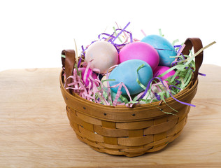 Wicker basket of colorful eggs