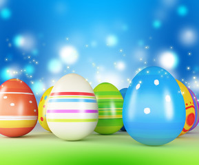Easter eggs and chickens on color background