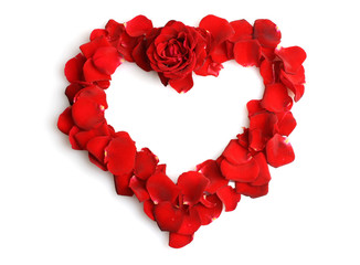 beautiful heart of red rose petals isolated on white