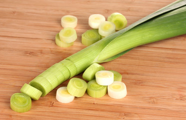 sliced ​​leek on wooden background