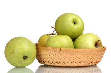 juicy green apples in the basket isolated on white