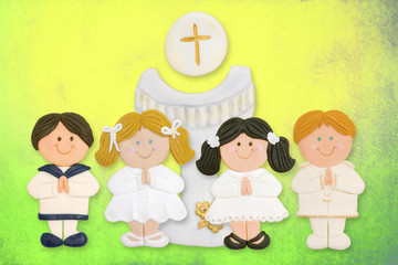 cheerful first communion card, a group of children and goblet