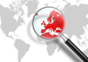 Weltkarte, Lupe, Europa, Krise, rot, Eurokrise, Suchen, Lösungen © orbcat