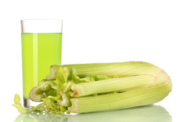 fresh green celery and juice isolated on white.
