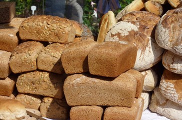 Brown wholegrain breads at a bakery