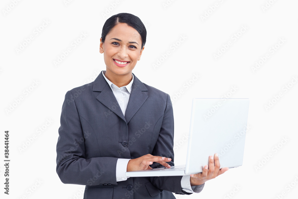 Poster close up of smiling saleswoman with her notebook