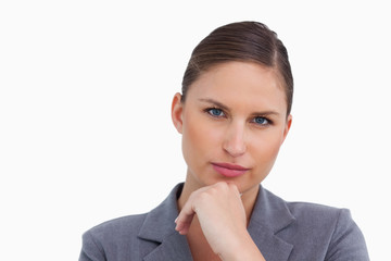Fototapeta premium Close up of tradeswoman in thinkers pose